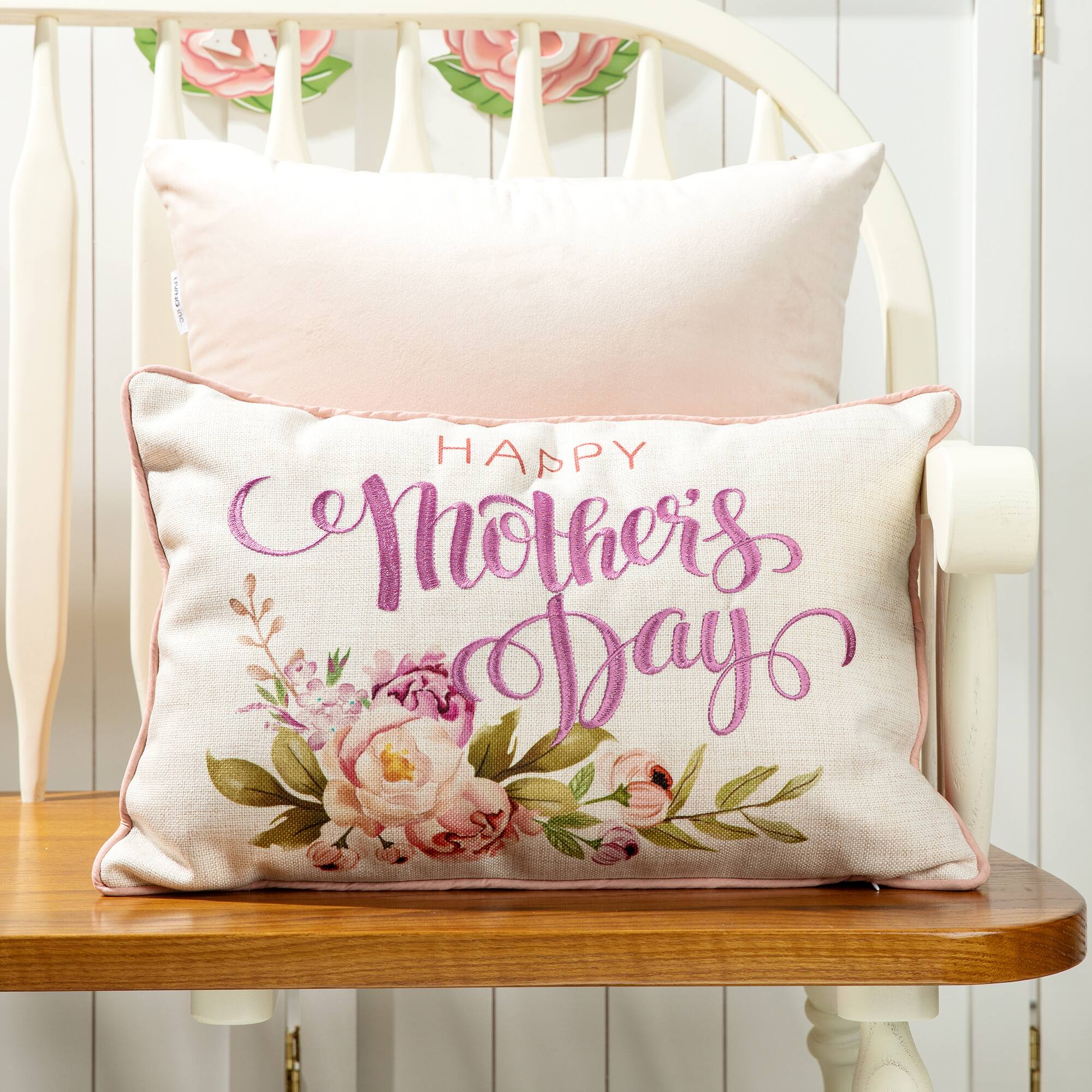 Glitzhome® 18" Faux Burlap Happy Mother's Day Floral Pillow